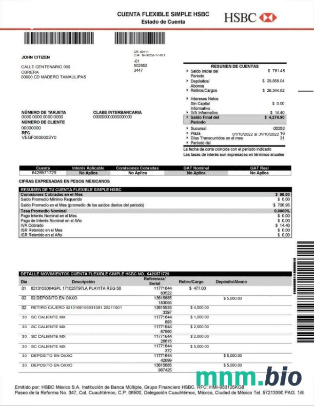 Meksyk Deutsche Bank szablon wyciągu w programie Word i PDF